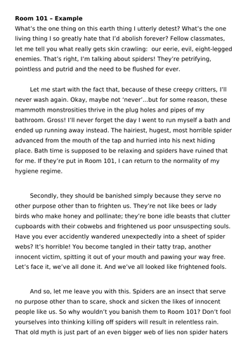 Room 101 - Two example essays and writing structure. High ability KS3/GCSE Speaking and listening