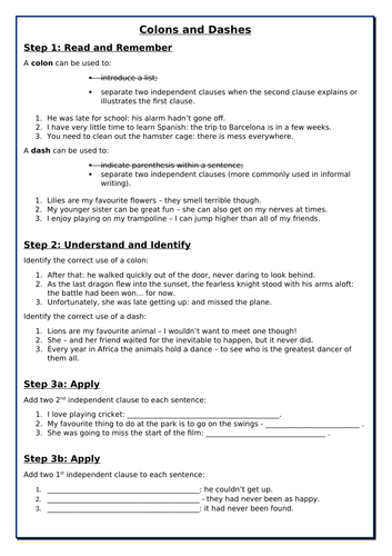 Colons and Dashes Worksheet