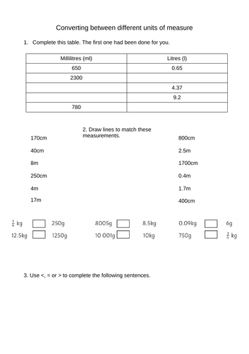 Year 5 units of measure worksheet