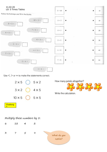 Year 2 5x tables worksheet