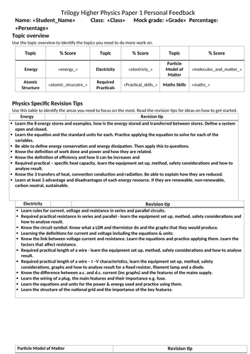 AQA Combined Physics GCES QLA and mail merge feedback