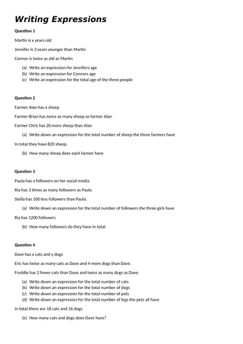 Writing algebraic expressions | Teaching Resources