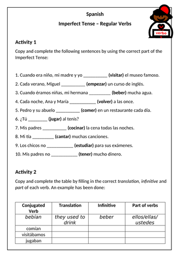 Spanish - Imperfect Tense Worksheet 2 - Regular Verbs