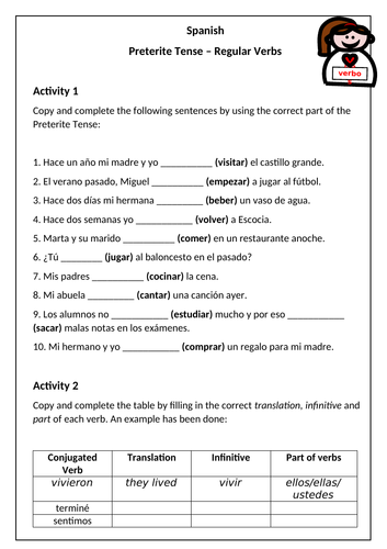 Spanish Preterite Tense Worksheet 2 Regular Verbs Teaching Resources