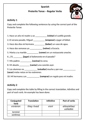 spanish preterite tense worksheet 2 regular verbs teaching resources