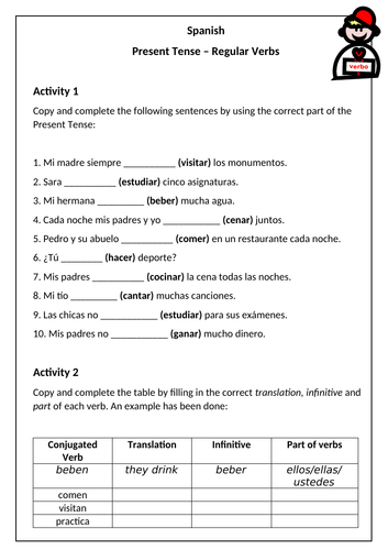 spanish present tense worksheet 2 regular verbs teaching resources