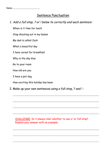 End of Sentence Punctuation Worksheet (Full stops, ! or ?)