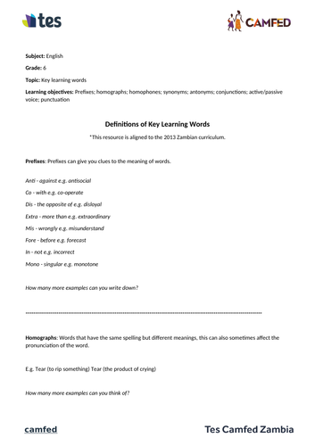 Definitions of Key Learning Words Worksheet (Zambian Curriculum)