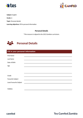 Personal Details Worksheet (Zambian Curriculum)