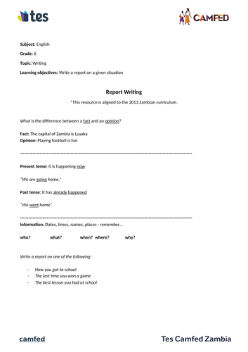 Report Writing Worksheet (Zambian Curriculum)