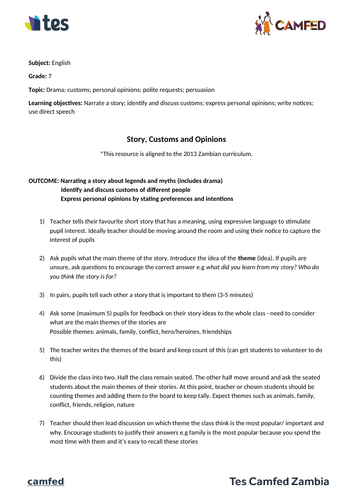 Story, Customs and Opinions Lesson Plan (Zambian Curriculum)