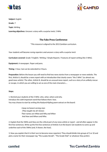 The Fake Press Conference Lesson Plan (Zambian Curriculum)