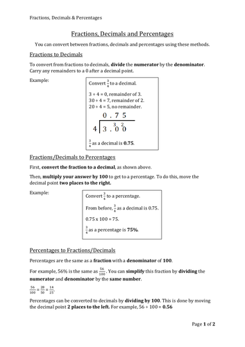 Fractions, Decimals & Percentages Free