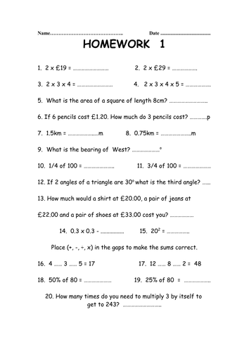 homework sheets maths