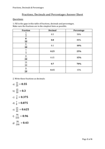 Fractions, Decimals & Percentages