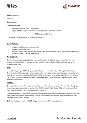 Addition using number lines  Activity (Zambian Curriculum)
