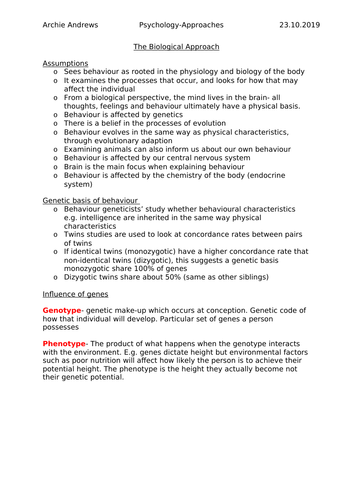AQA A-level Psychology Approaches Revision notes