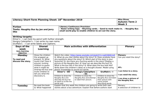 Reception Literacy plan based on Naughty Bus.