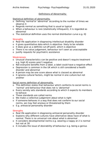 AQA A-level Psychology Definitions of Abnormality revision notes