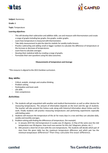 Measurements of temperature and Average Worksheet (Zambian Curriculum)