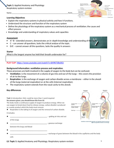 A-level PE Edexcel (spec 2016) Respiratory System Revision Lesson