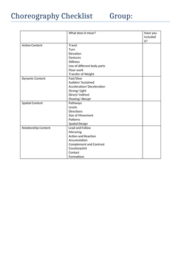 GCSE Dance - Choreography Checklist
