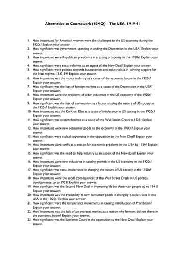 CIE History Alternative to Coursework - USA, 1929-41 (65+ past paper Qs)