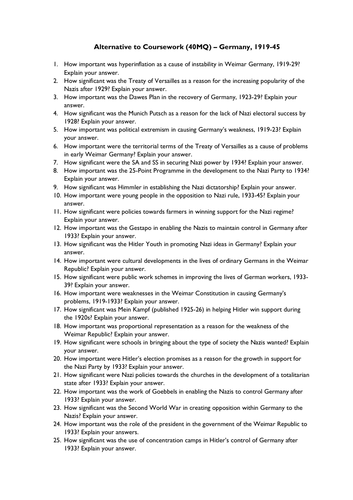 CIE History IGCSE Alternative to Coursework - 65+ Germany Questions