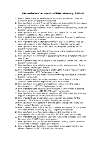CIE History IGCSE Alt to Coursework - 65+ Germany Qs - Editable