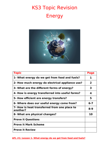 KS3 Energy unit topic revision booklet