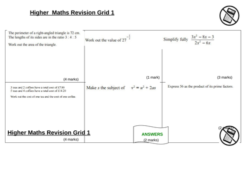 GCSE Maths Non-Calculator Revision Grid (Higher)