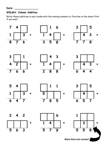 Column Addition With Missing Numbers Worksheets
