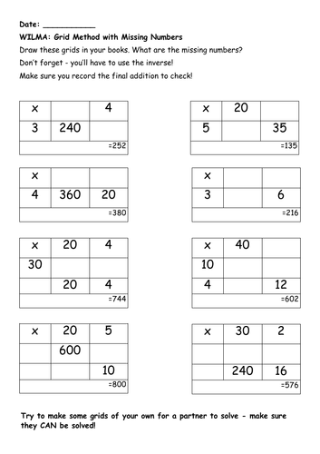 Multiplication Grid Method Missing Number Mastery sheet