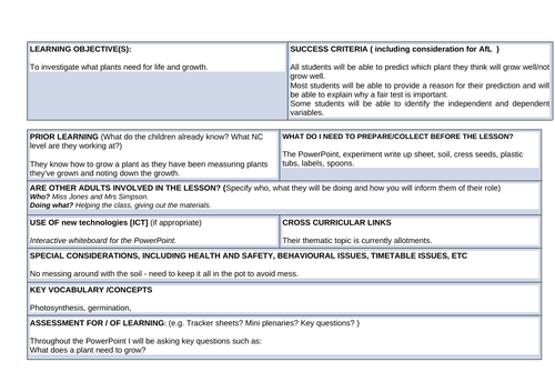 Year 5 plant experiment lesson plan and work sheets