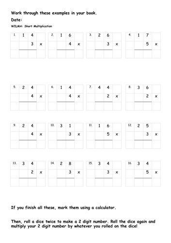 column short multiplication practice questions 2 digit x 1 digit 234