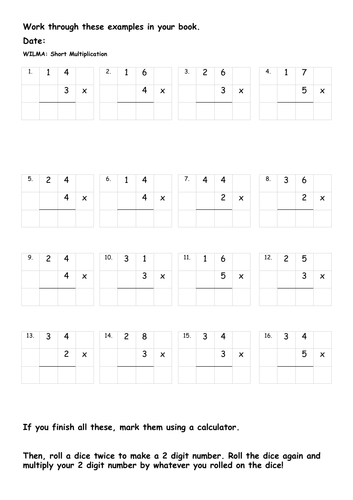  Column Short Multiplication Practice Questions 2 Digit X 1 Digit 2 3 4 5 Times Tables Teaching 
