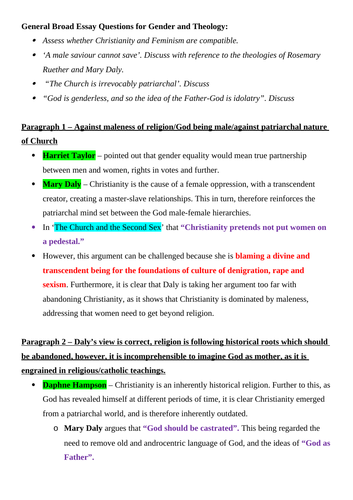 OCR A level Religious Studies - Gender & Theology DCT Essay Plan