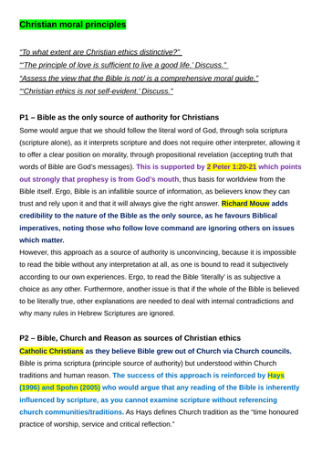 OCR A level Religious Studies - Christian Moral Principles DCT Essay Plan