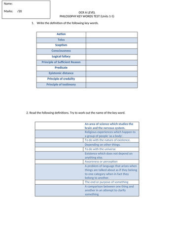 OCR A LEVEL PHILOSOPHY KEY WORDS TEST (YEAR 1)