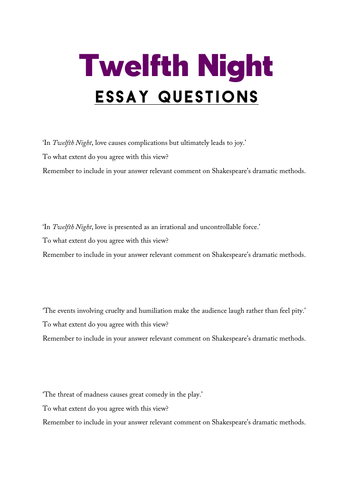 Twelfth Night: Essay Questions