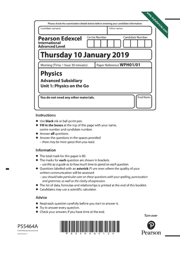 Edexcel Alevel Physics Unit 1 January 2019- Solved Question paper