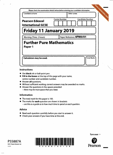 Edexcel IGCSE Further Pure Mathematics Paper1 January 2019- Solved Question Paper