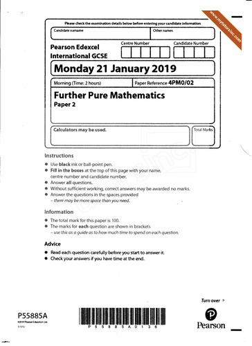 Edexcel IGCSE Further Pure Mathematics Paper 2 January 2019- Solved Question Paper