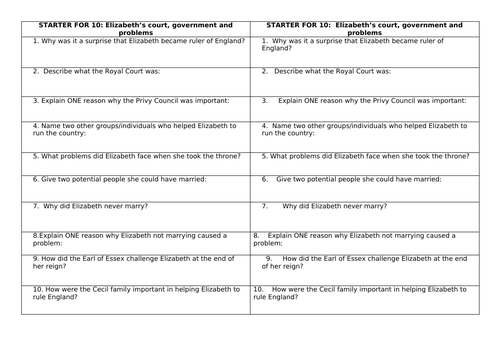 AQA 8145 Elizabeth retrieval revision quizzes