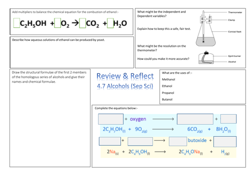 KS4 AQA Separate Science Alcohols 4.7  Review and Reflect Worksheet