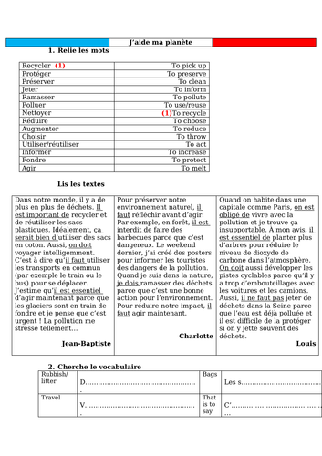 French GCSE helping the environment present tense (infinitive structures)