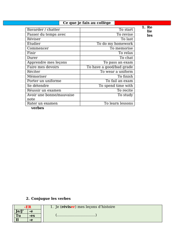 French GCSE activité collège present tense