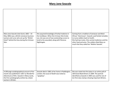 Mary Jane Seacole Comic Strip and Storyboard