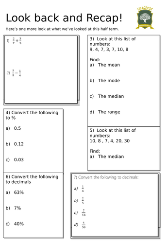 Revision Sheet- Fractions and averages
