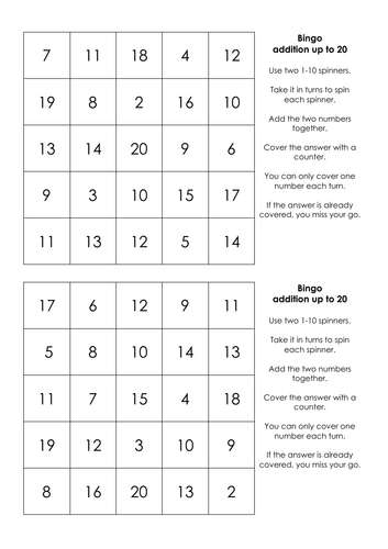 Bingo - 2 number addition up to 20 | Teaching Resources